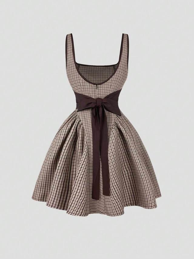 brown houndstooth retro french plaid bow strap cinched waist dress