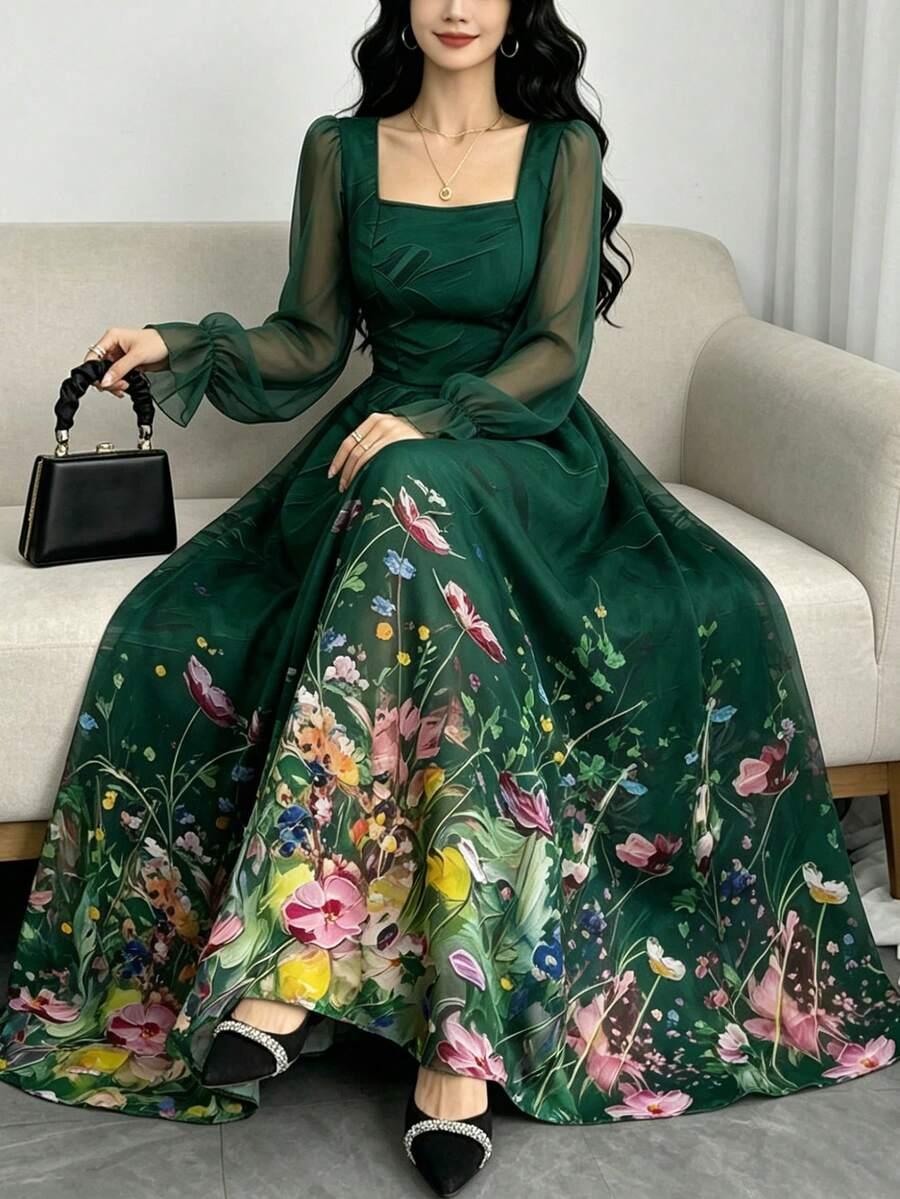 moss green floral oil painting print lantern sleeve dress