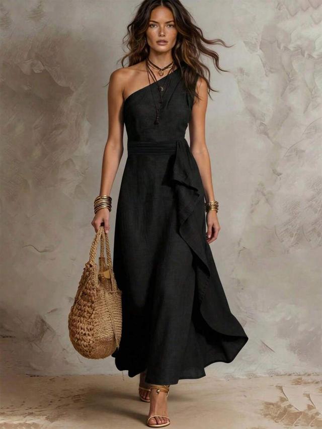 black one-shoulder linen midi dress with side ruffle