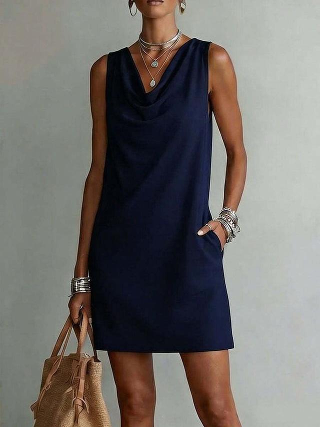 navy cowl neck sleeveless shift dress