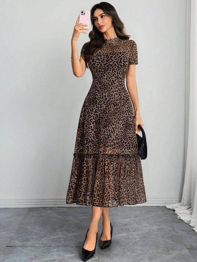 women's leopard print mesh round neck ruffle hem midi dress