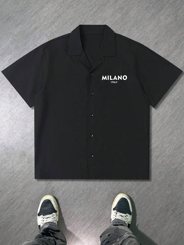 black short sleeve camp collar shirt with milano print