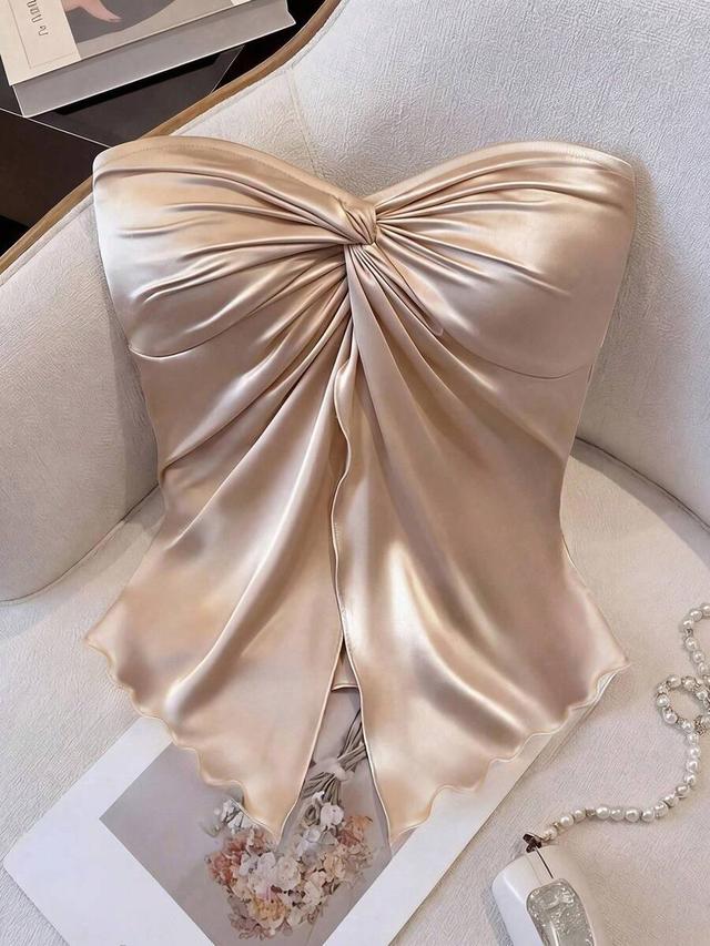 beige satin knotted tube top