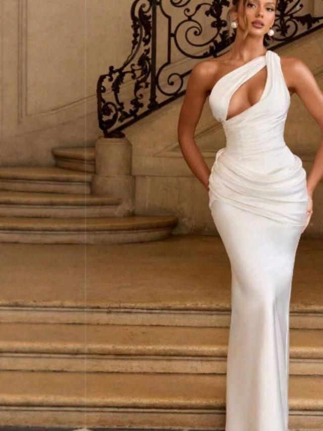 white one-shoulder draped satin evening gown
