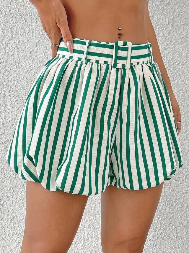 striped green and white paper bag waist shorts