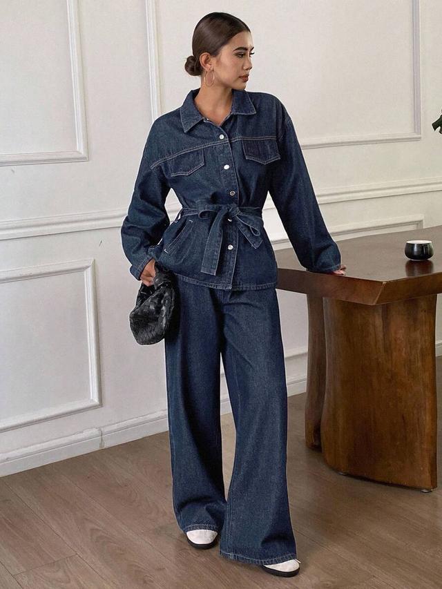 dark wash denim belted jacket and wide leg trousers