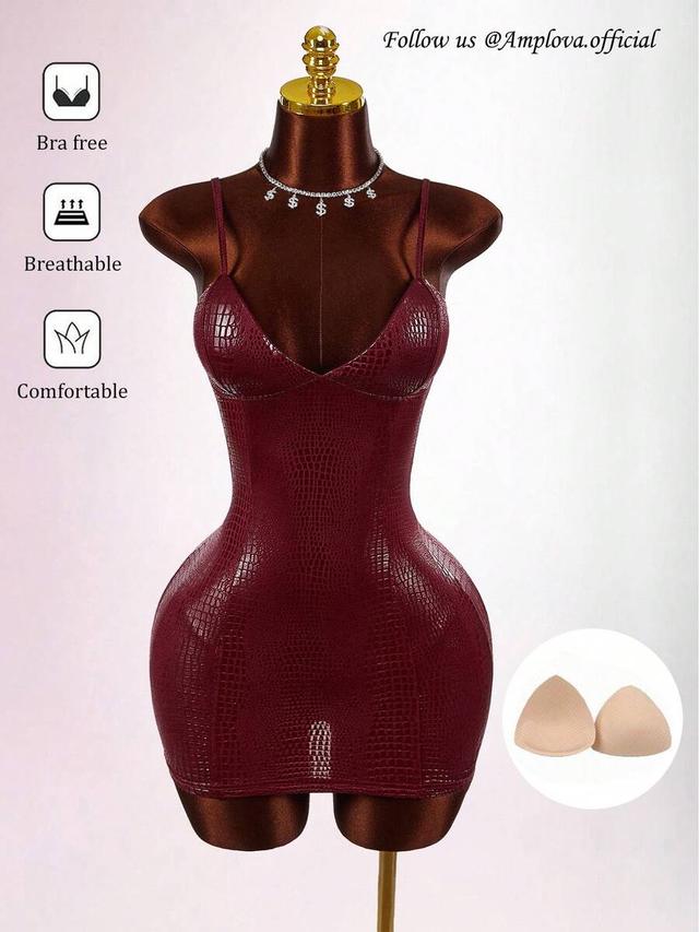 burgundy snake skin texture glossy coated bustier mini dress