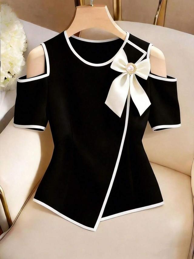 black and white bow pearl shoulder blouse