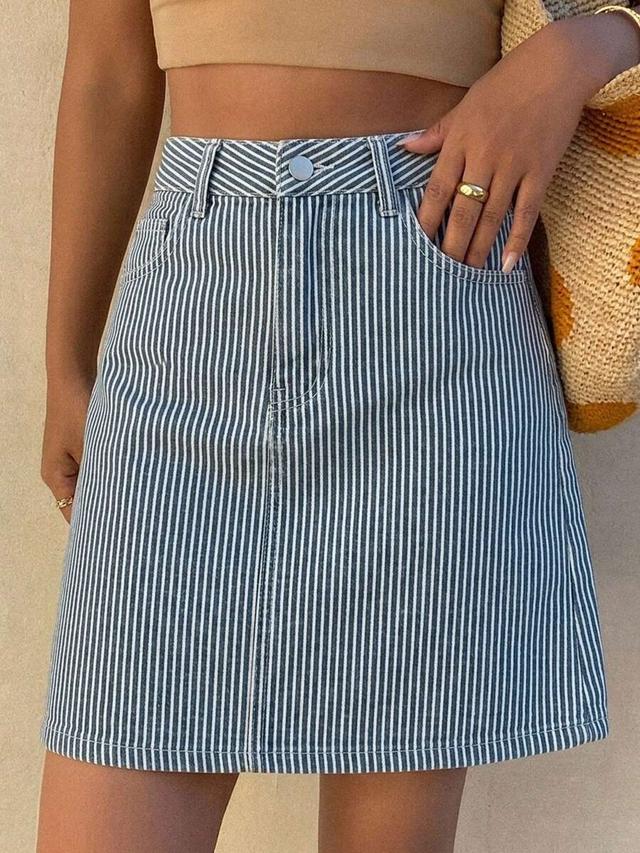 striped washed denim straight leg mini skirt