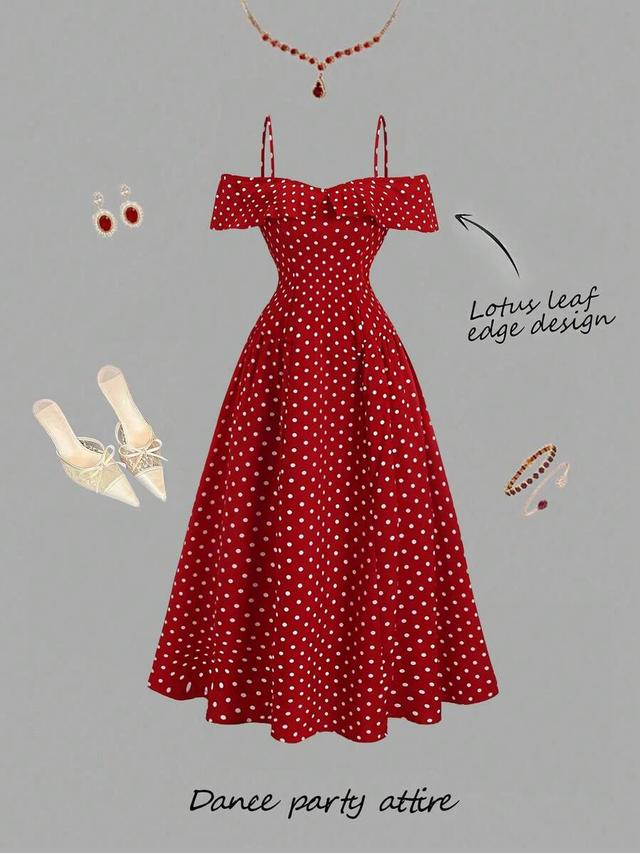vintage red polka dot ruffle off-shoulder midi dress