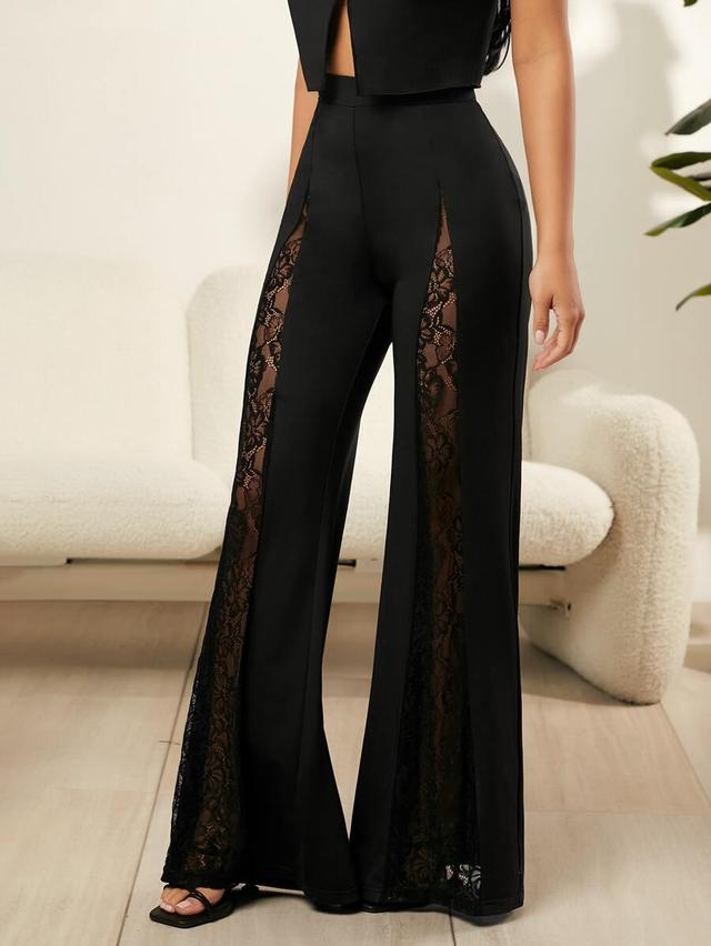 black crepe flare leg pants with lace side panels