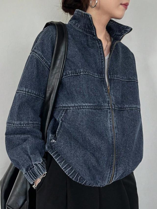 dark wash denim zip-up jacket with stand collar
