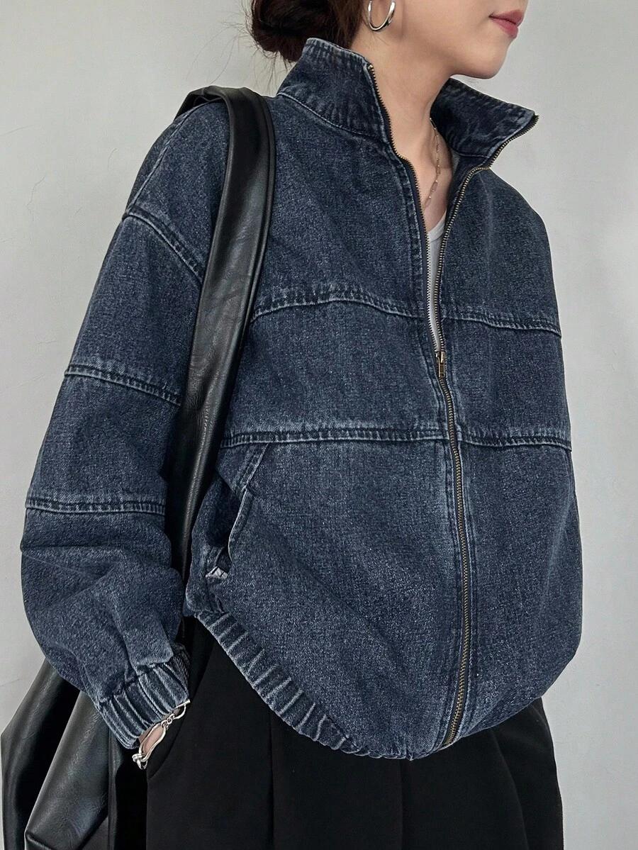 dark wash denim zip-up jacket with stand collar