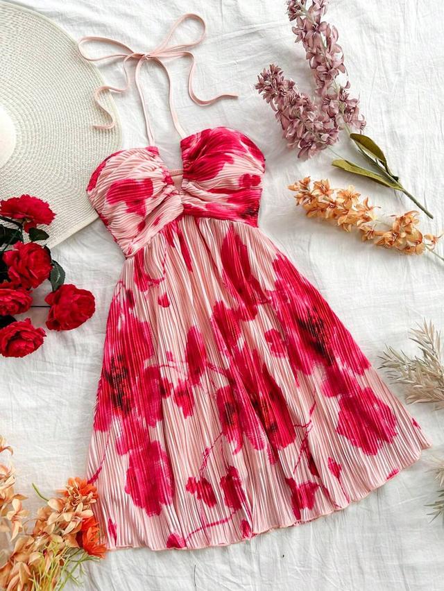 pink floral tie dye pleated halter neck dress