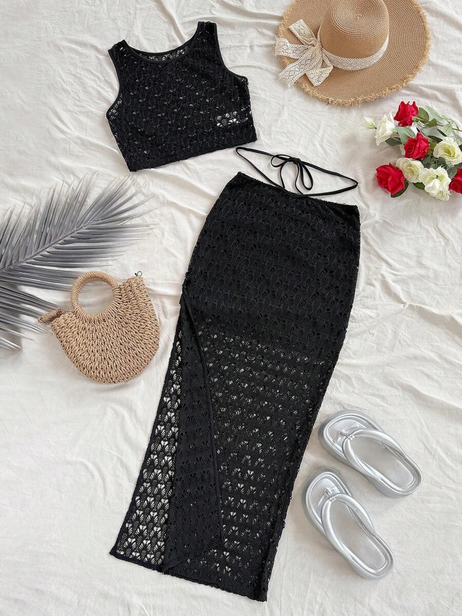 black crochet knit vest and split hem midi skirt