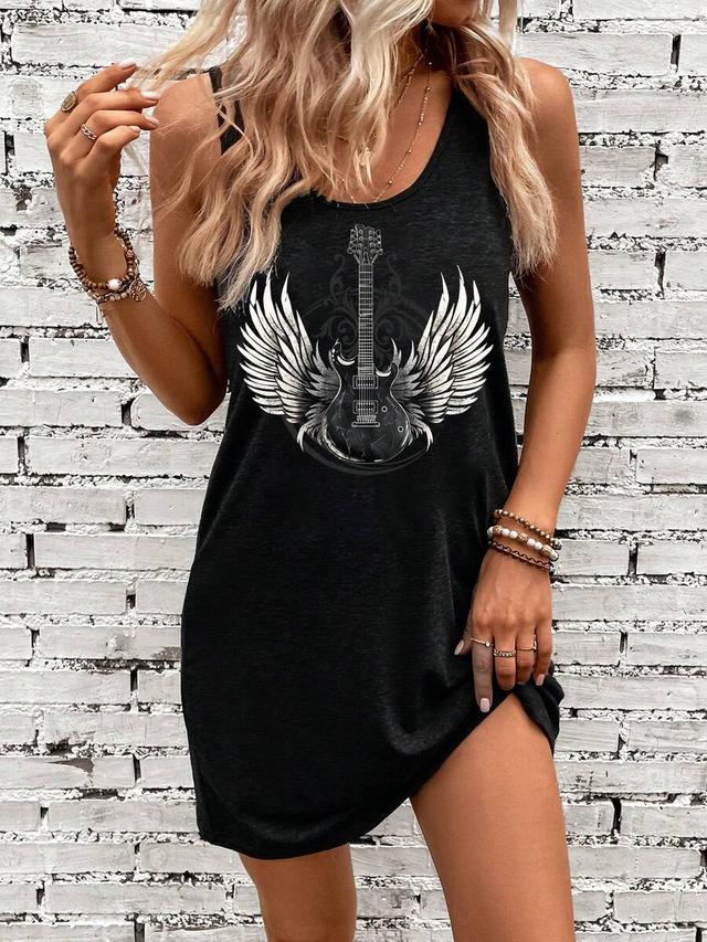 casual black sleeveless graphic mini dress