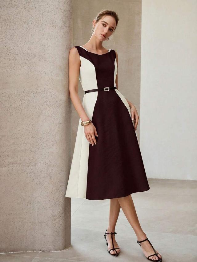 motf premium women's minimalist color block mid-length dress