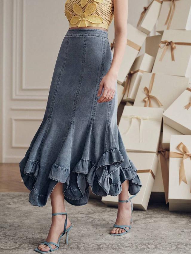 washed denim fishtail midi skirt with ruffled hem