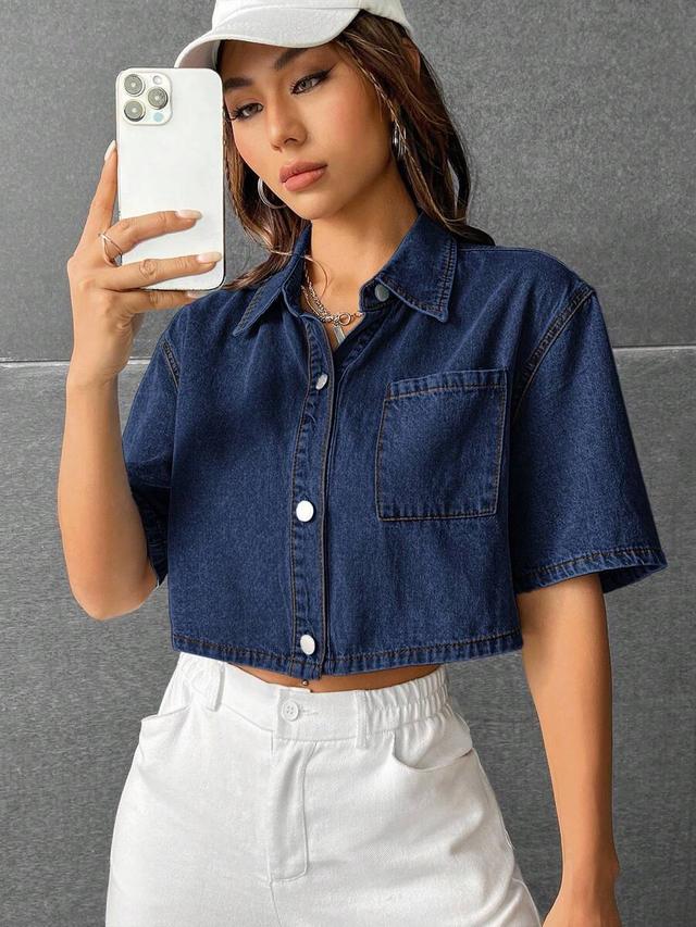 dark wash denim cropped short sleeve shirt