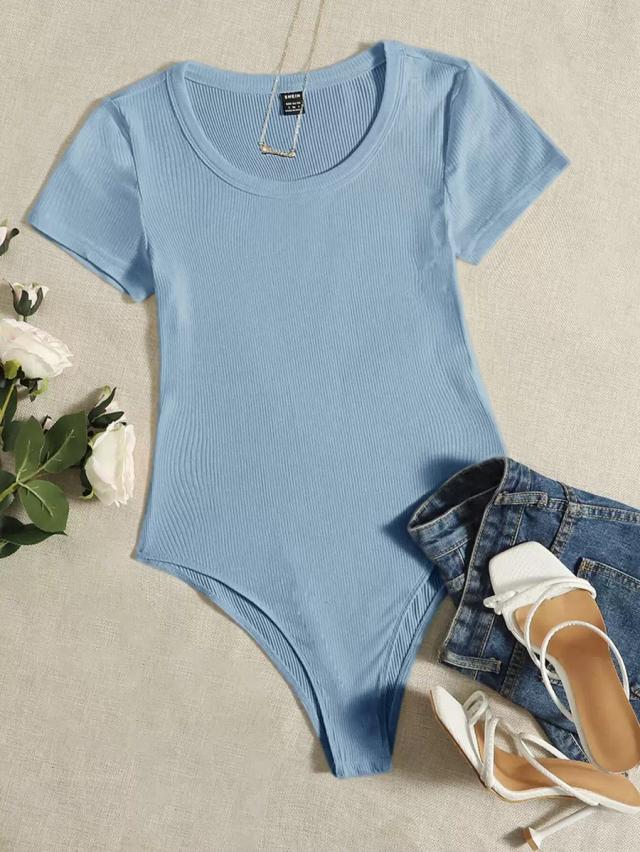 light blue rib-knit scoop neck short sleeve bodysuit