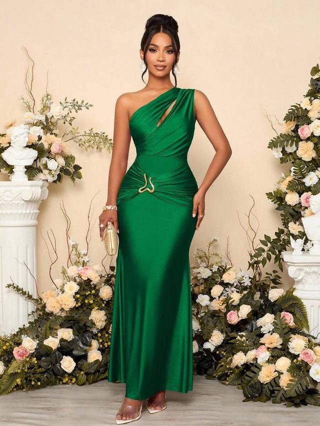 emerald green one-shoulder draped satin maxi dress