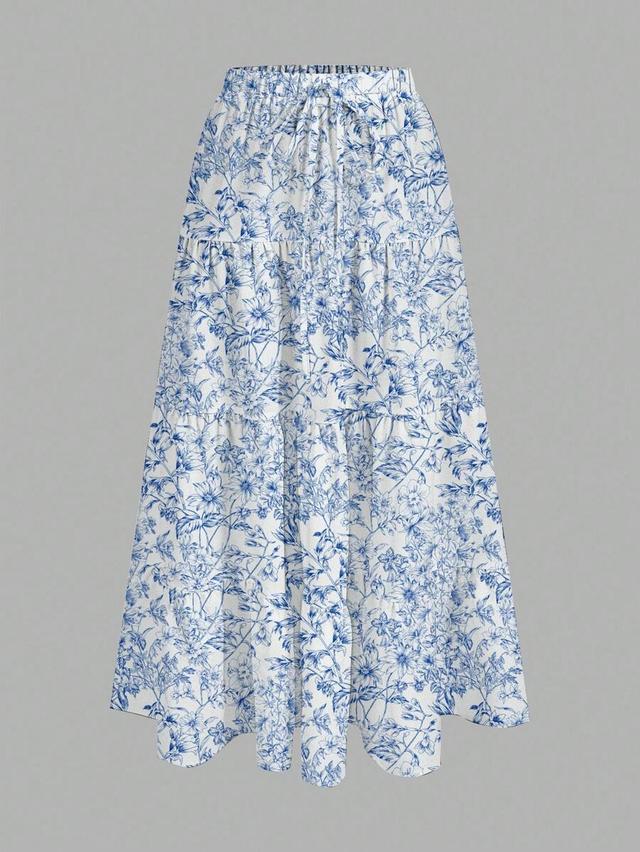 blue and white floral print tiered cake skirt