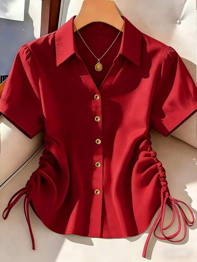 franclia women's casual solid color pleated short sleeve blouse