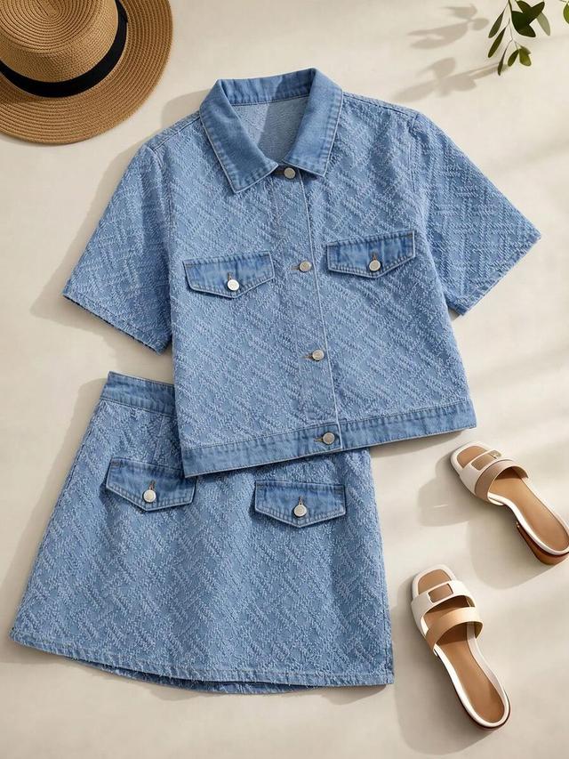 textured denim short sleeve jacket and skirt set