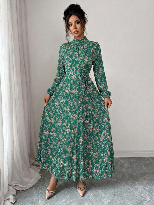 green floral print long sleeve midi dress