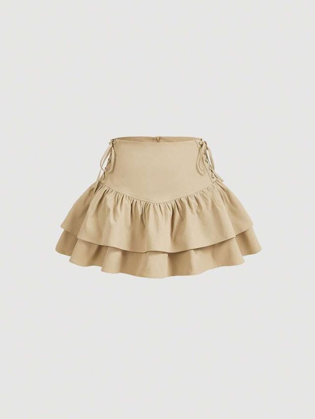 beige lace up side ruffle hem skirt