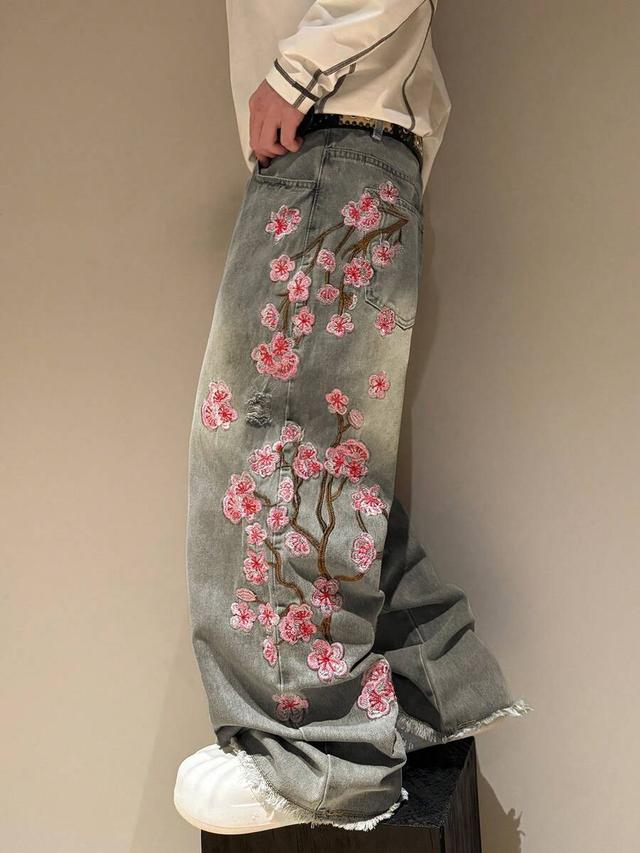 grey blossom embroidered washed wide leg jeans