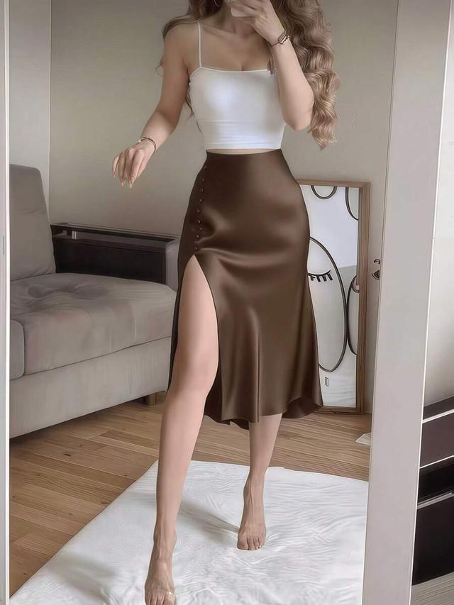 coffee brown satin high-waist high-slit button decor skirt