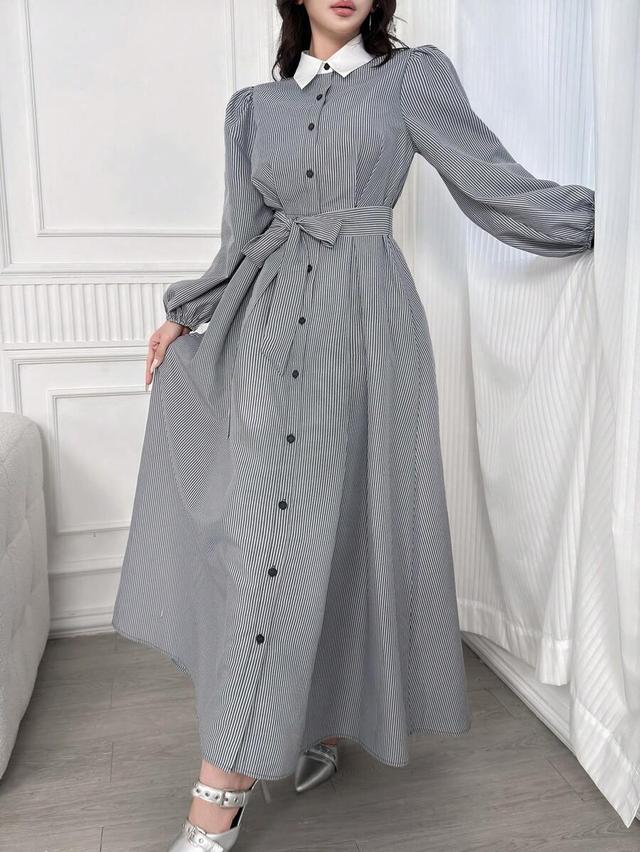 elegant stripe puff sleeve front button shirt dress