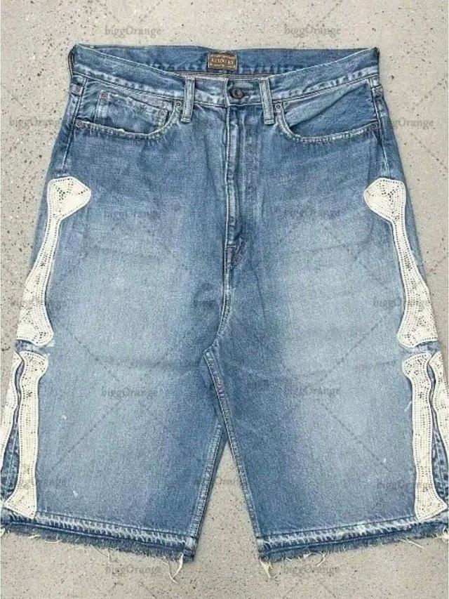 retro bone embroidered loose denim shorts