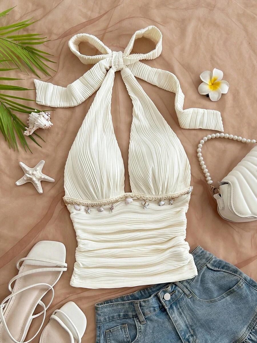 off white pleated halter neck top with seashell trim