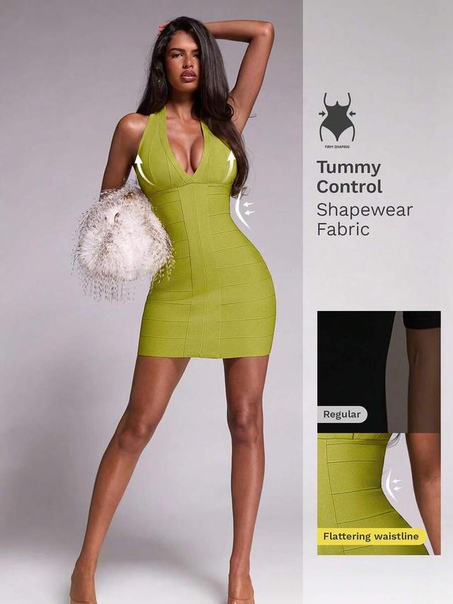 lime green bandage halter bodycon mini dress