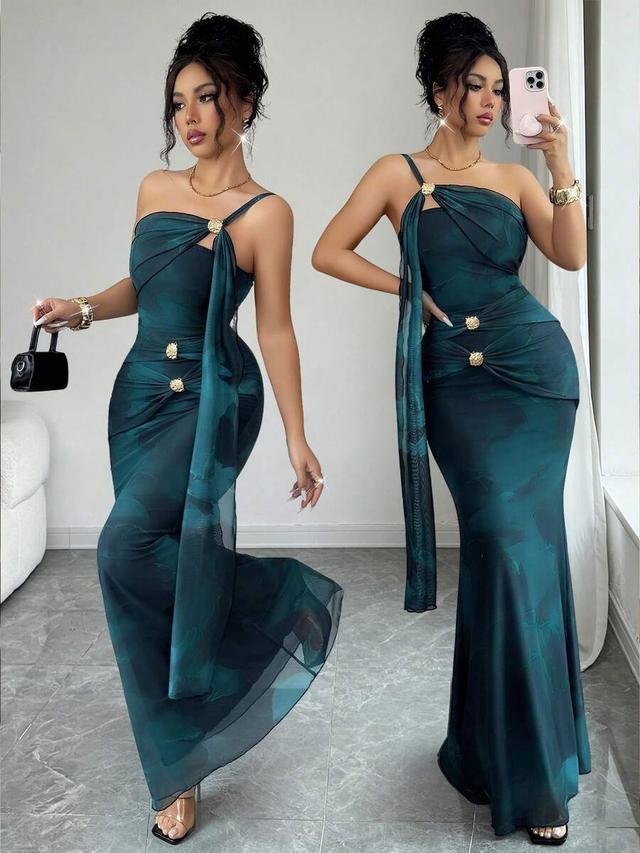 elegant teal one-shoulder mermaid dress with draped overlay
