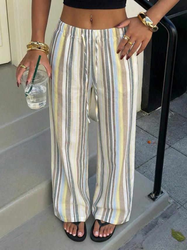 striped print drawstring waist wide leg woven pants