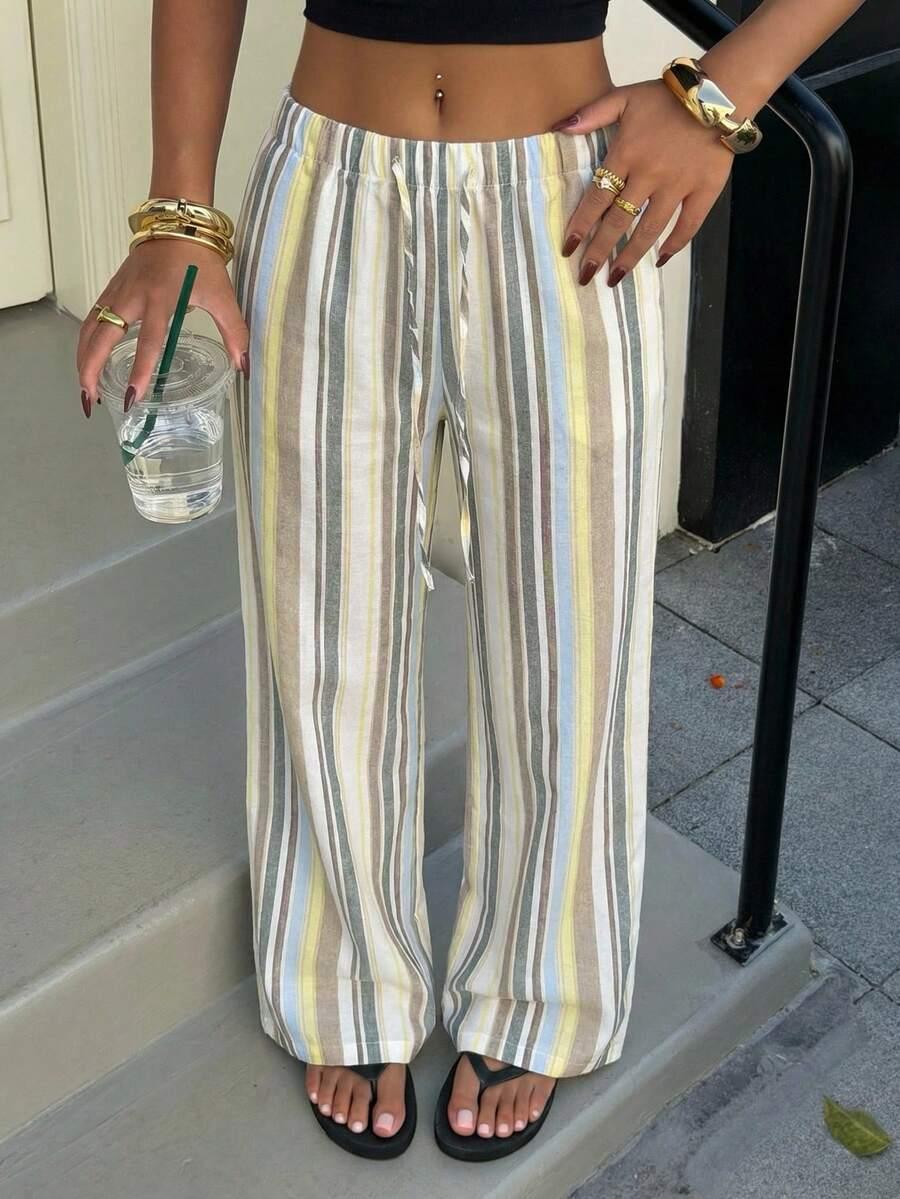 striped print drawstring waist wide leg woven pants