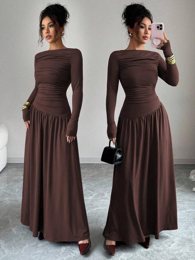 elegant coffee brown milk silk pleated maxi dress