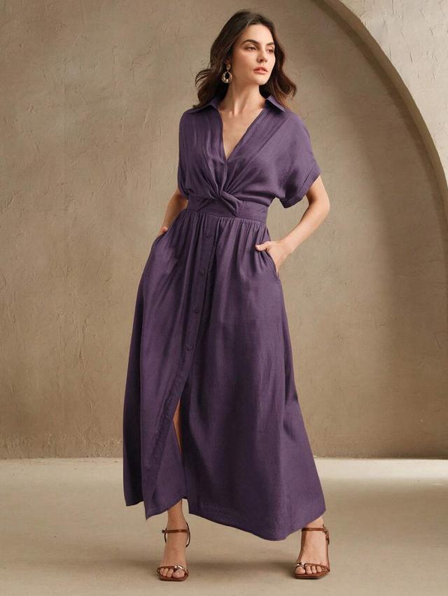 purple v-neck single-breasted shirt dress with waist twist