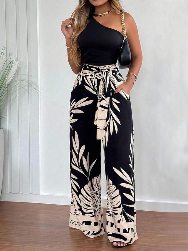 one shoulder floral print wide leg jumpsuit