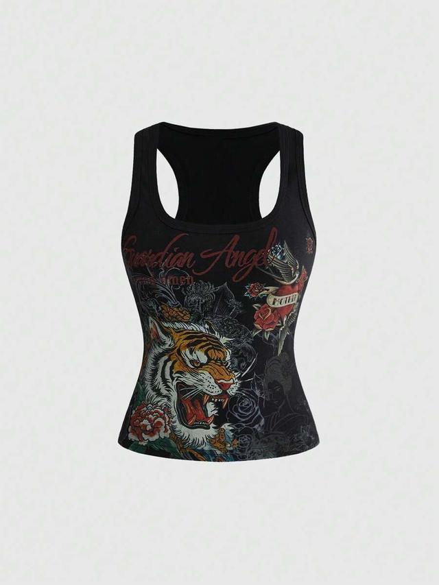 black y2k tiger tattoo print racerback tank top