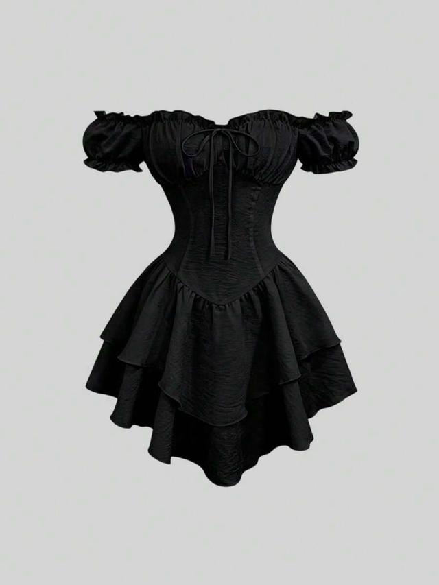 black off-shoulder corset style mini dress
