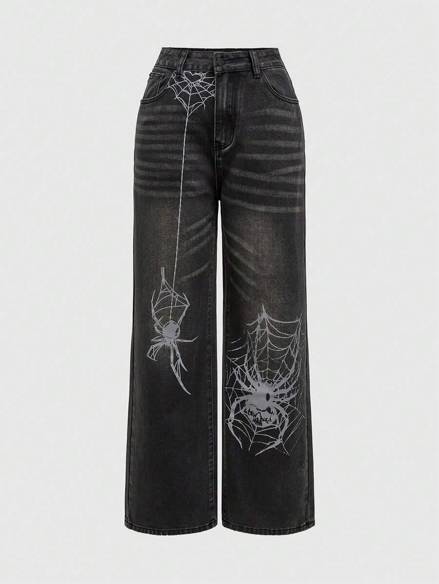 black denim wide leg jeans with spiderweb print