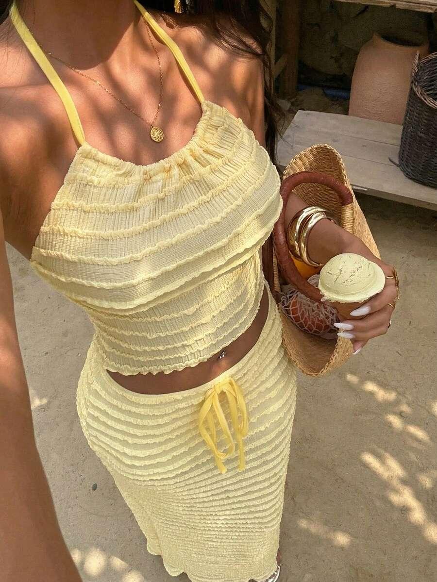 light yellow textured jacquard halter top and skirt set