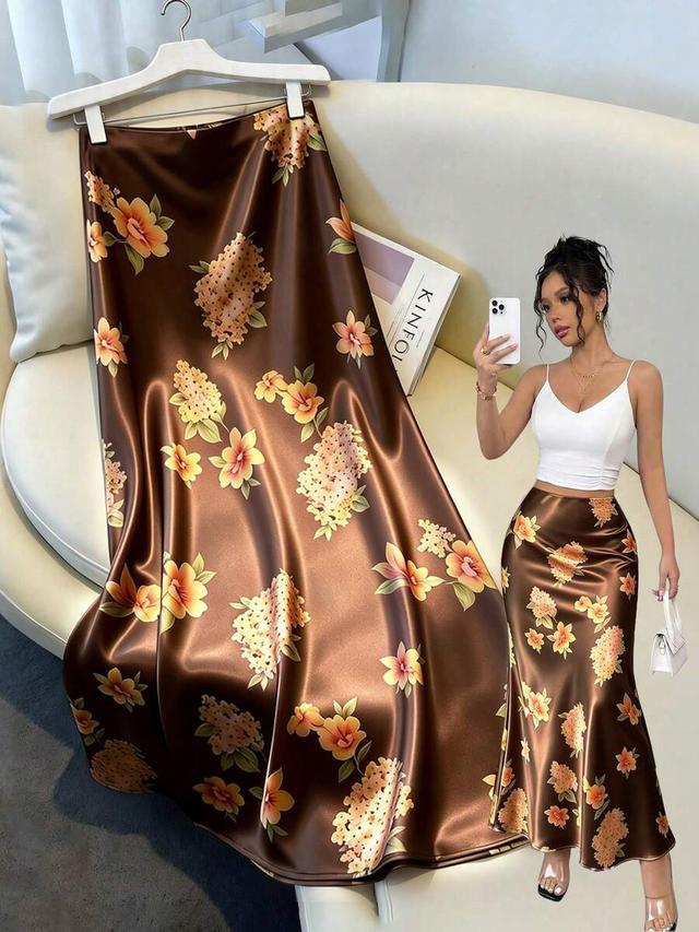 brown floral print satin midi skirt