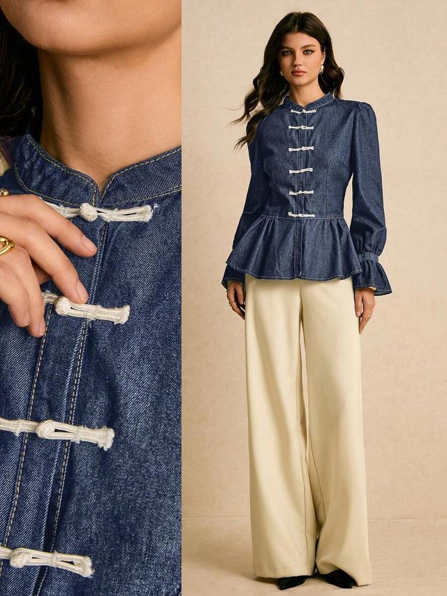 vintage blue mandarin collar pleated denim peplum blouse