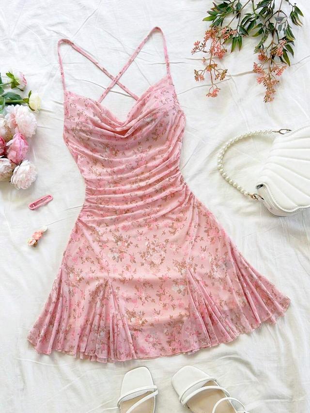 pink floral mesh mini dress with cowl neck