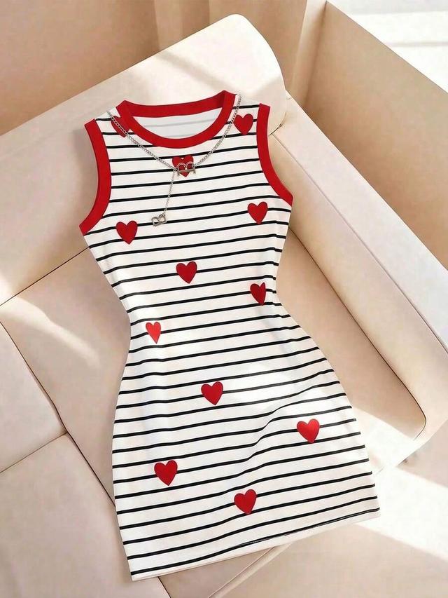 striped sleeveless mini dress with red heart appliqués